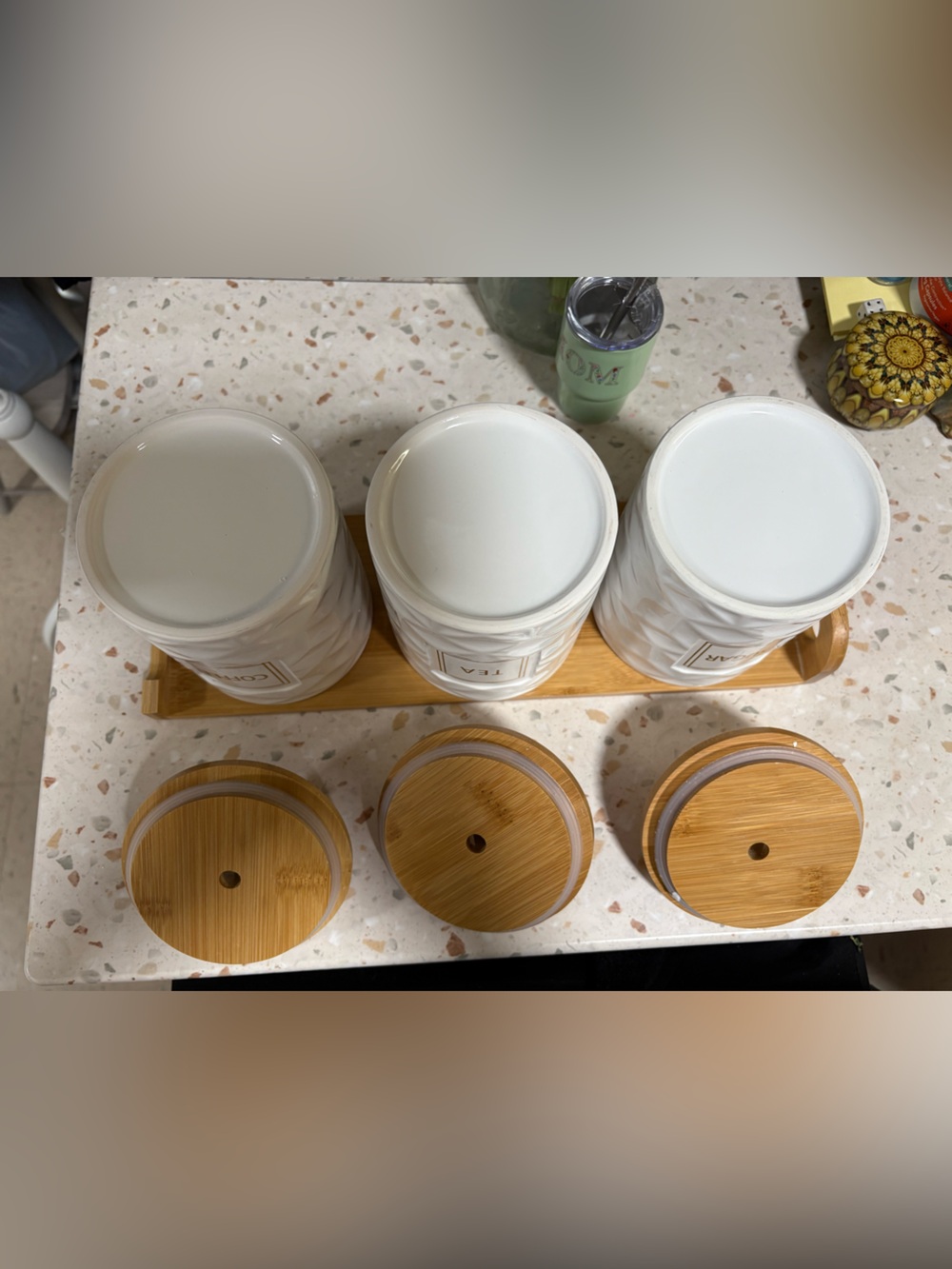 Set of 3 Ceramic Canisters for Sugar Coffee, Tea with Tray - Picture 11 of 17